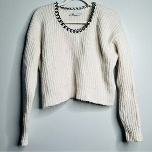 Zara Chain Neck Cropped Cream Ivory Knit Sweater Women Size Medium